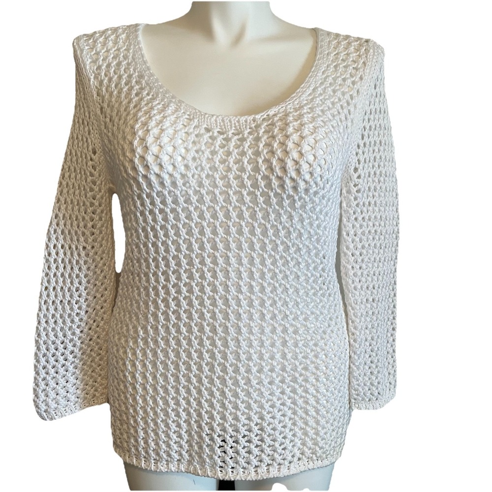 Coldwater Creek Open Knit Crochet Pullover Womens M White Cotton Beachy Coastal